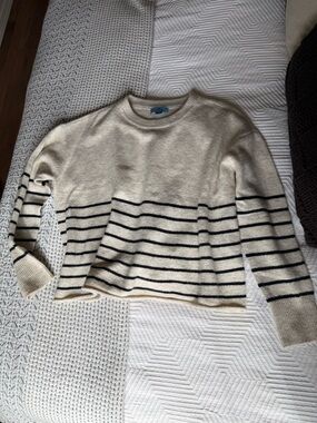 CeCe Cream Sweater with Black Stripes - Classic Crew Neck